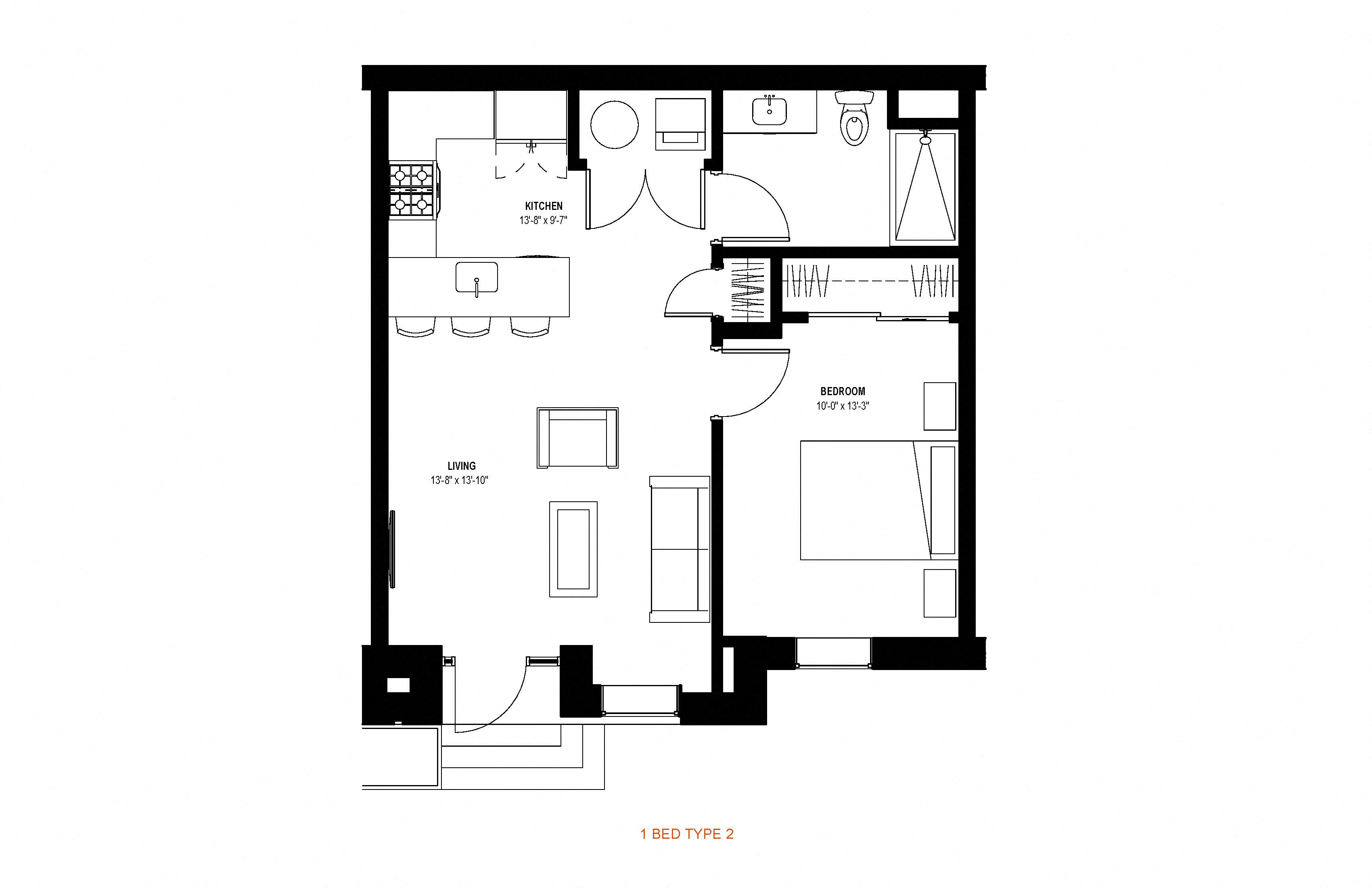 Floor plan for 1 bed, 1 bath, 617 sqft
